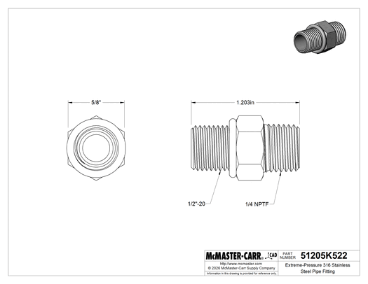 Technical drawing of Extreme-Pressure 316 Stainless Steel Pipe Fitting, Adapter, 1/4 NPTF Male x 1/2"-20 UN/UNF Male.